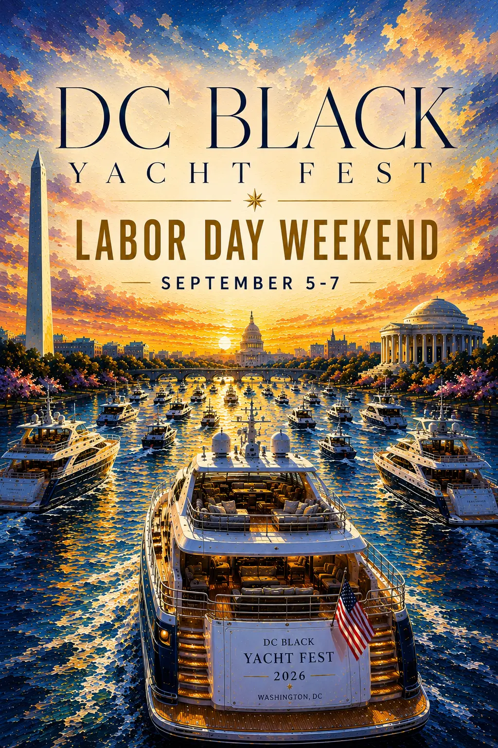 DC Black Yacht Fest Labor Day Weekend, September 5–7, Washington DC — painted poster of yachts on the Potomac at sunset